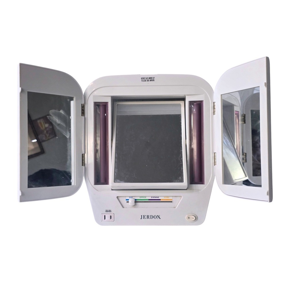 Jerdon Tri-Fold Lighted Makeup Mirror 4 Settings Built-in Outlet White JGL9W